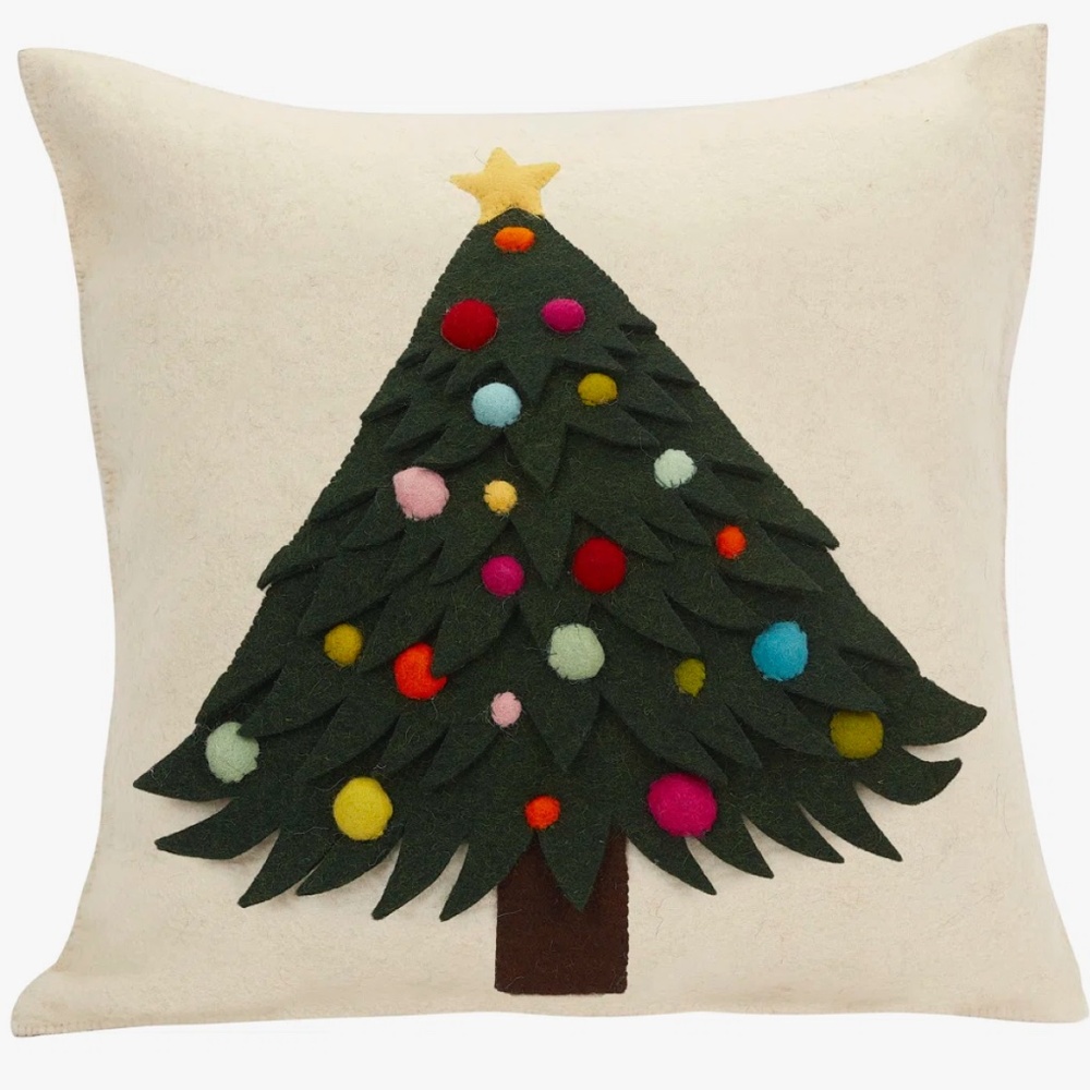 Tree with Ornaments on Cream Hand Felted Wool Christmas Pillow - 20"